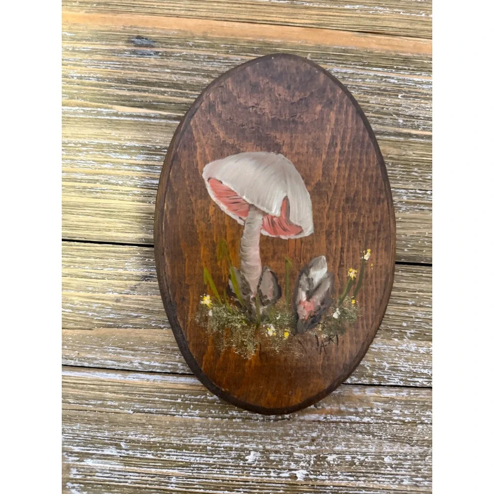 Vintage Mushroom Wood Plaque Painted Cottagecore Fairycore Art 1970s Whimsical